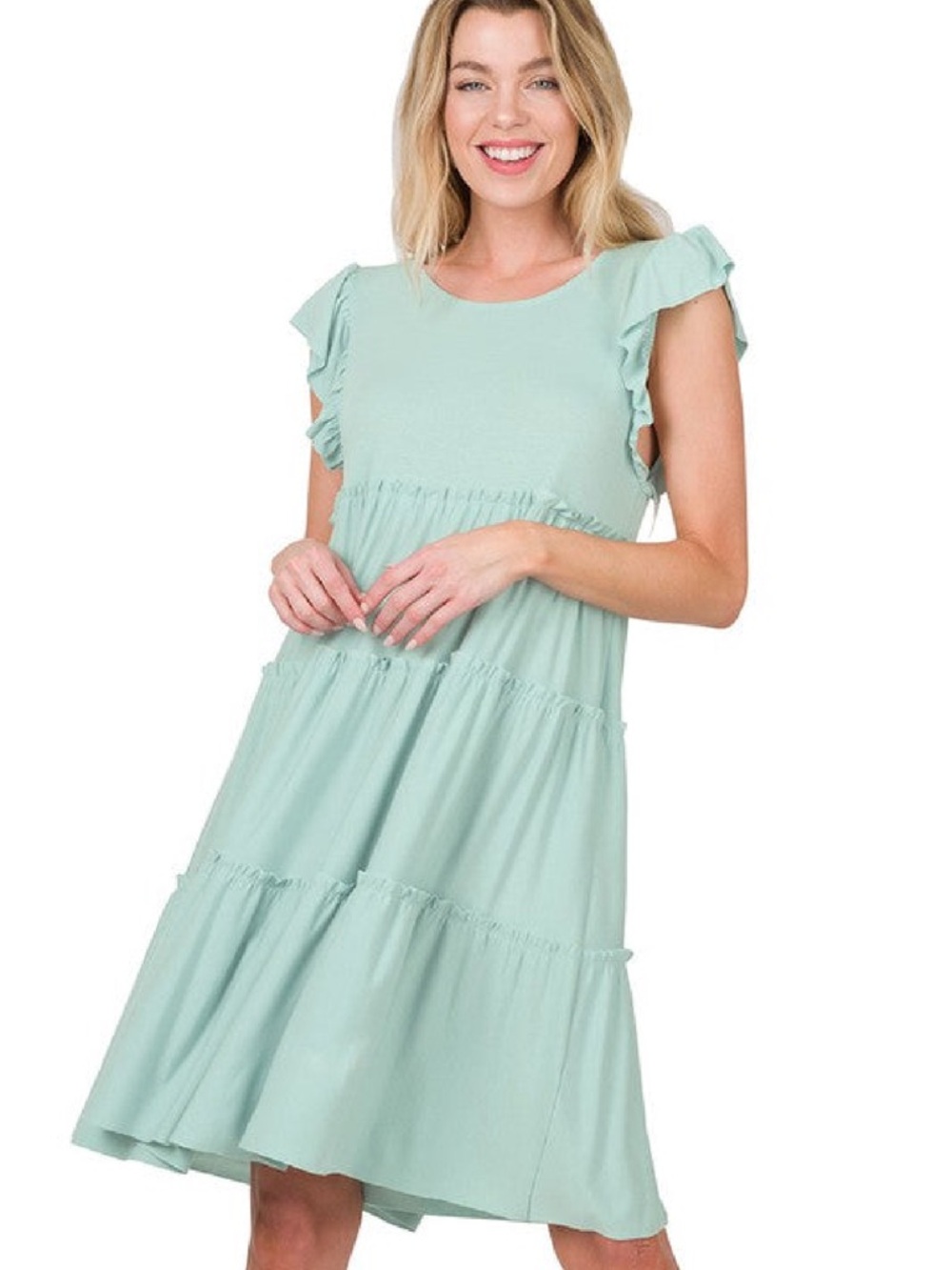 Zenana Outfitters Mint Green Tiered Ruffle-Sleeve Midi Dress